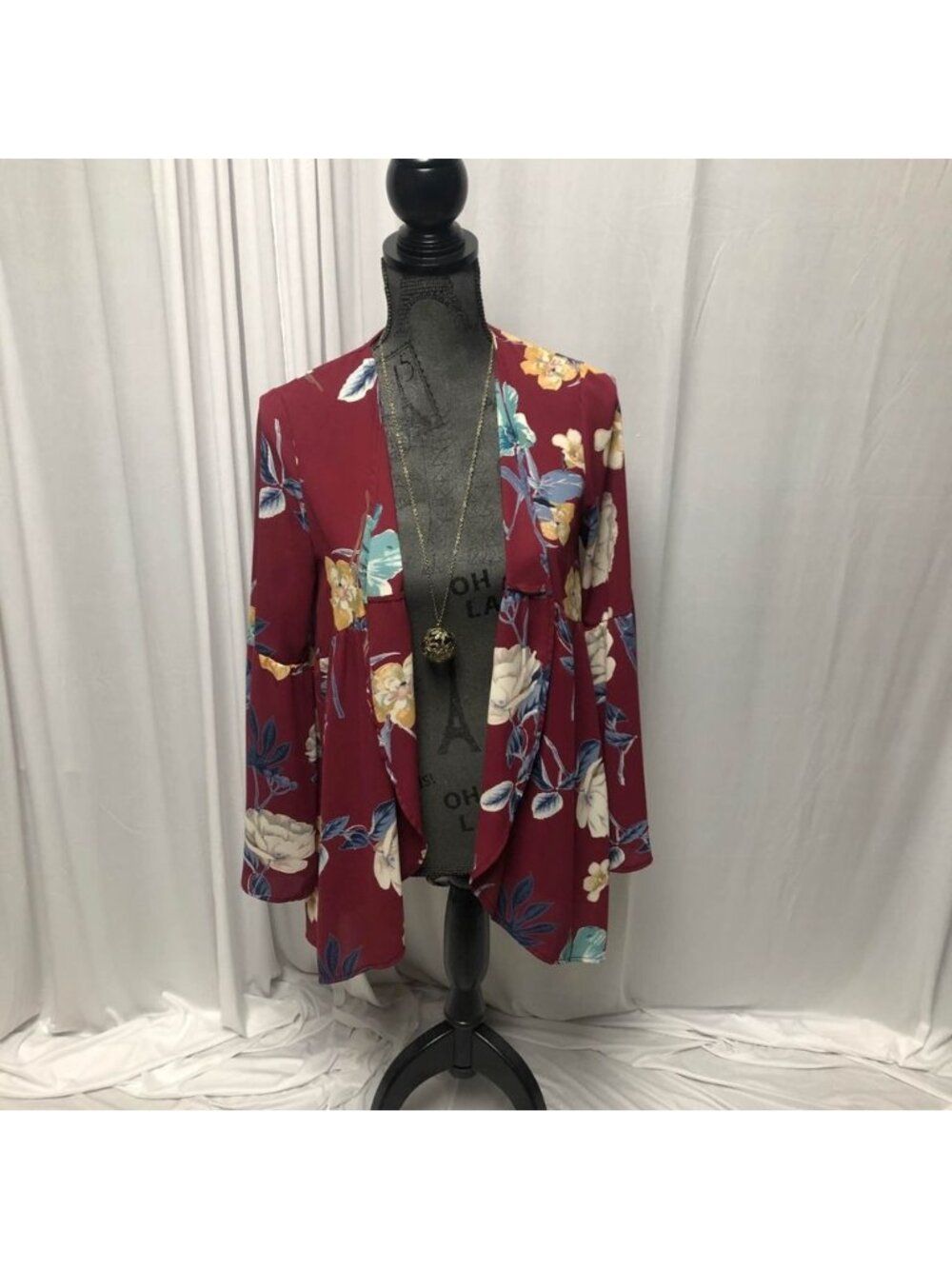 Peach Love California Cardigan Size Small Medium Maroon Floral Open Front Jacket